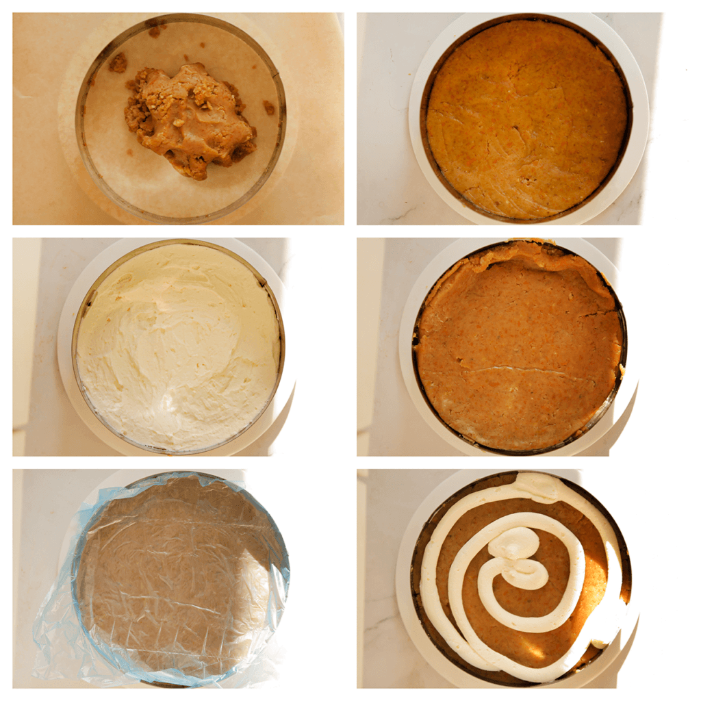 Leg een vel bakpapier over de bodem van de bakvorm. Voeg de helft van het cakemengsel toe. Druk goed aan. Leg er huishoudfolie op en haal de cakelaag uit de bakvorm. Leg er weer een vel bakpapier neer op dezelfde bakvorm. Voeg de overige helft van het cakemengsel toe. Druk stevig aan. Schep de helft van de room erop en smeer goed uit. Bedek de room met de cakelaag. Druk deze goed tegen de randen aan. Spuit/schep de room erover.