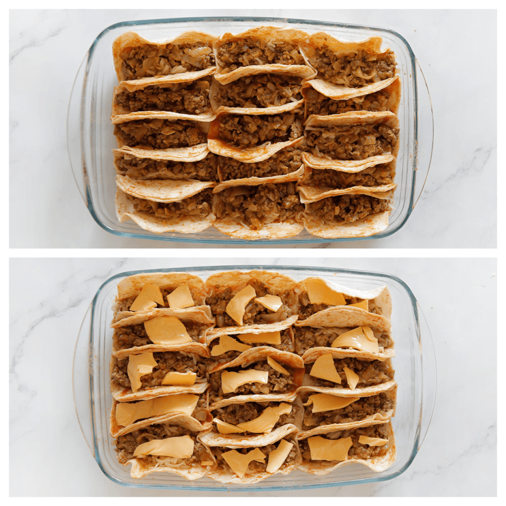 Vouw de wraps dicht en leg in een ovenschaal. Indien gewenst kun je nog cheddar kaas toevoegen.