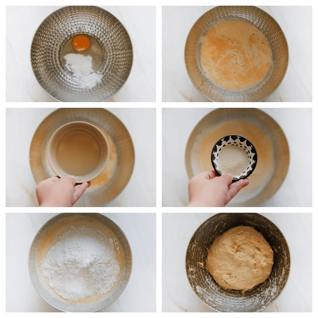 Doe het ei, de witte basterdsuiker en vanillesuiker in een diepe kom. Mix 2 minuten. Voeg het zoete aardappelmengsel, de (lauwwarme) melk en het zout toe. Meng goed. Voeg de zonnebloemolie toe en meng tot een geheel. Voeg de bloem en gist toe. Kneed 10-12 minuten.