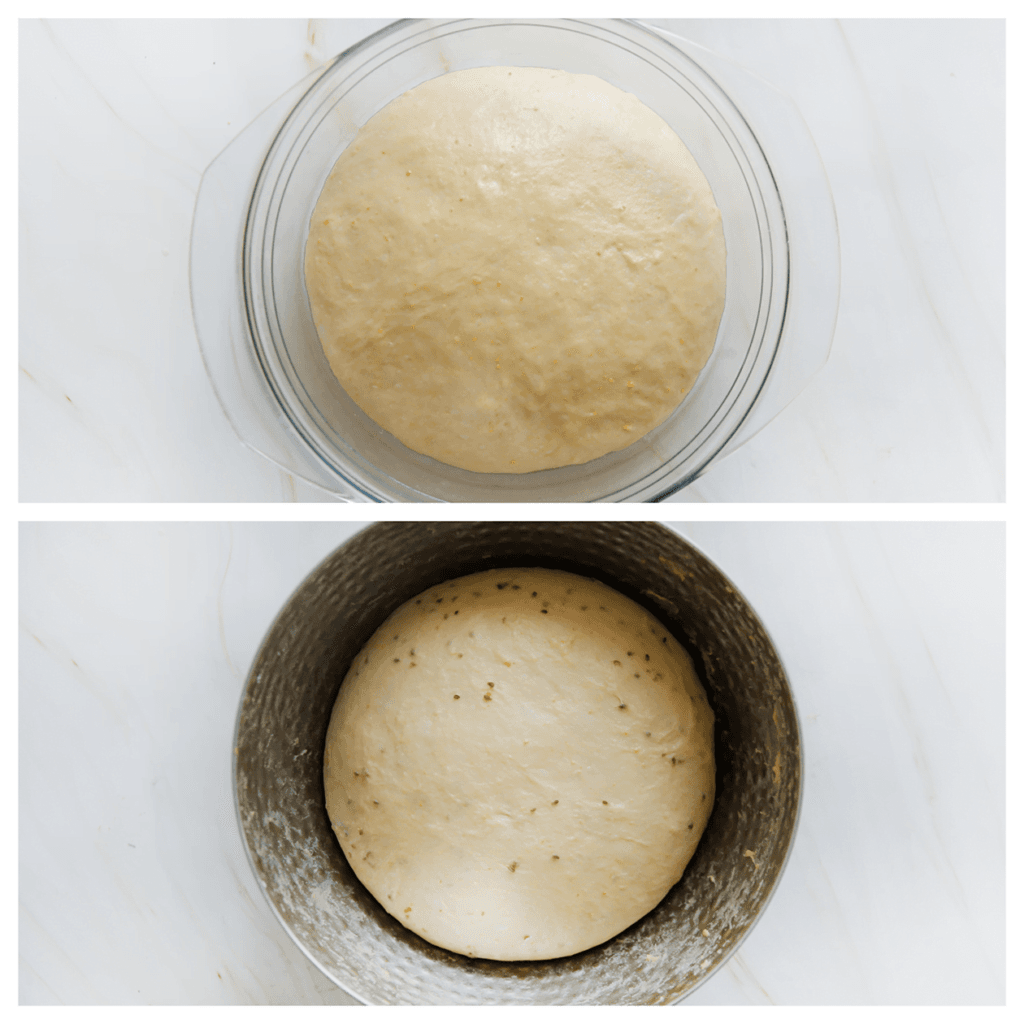 Dek het deeg af en laat op een warme plek 1 uur rijzen of tot het in omvang is verdubbeld.