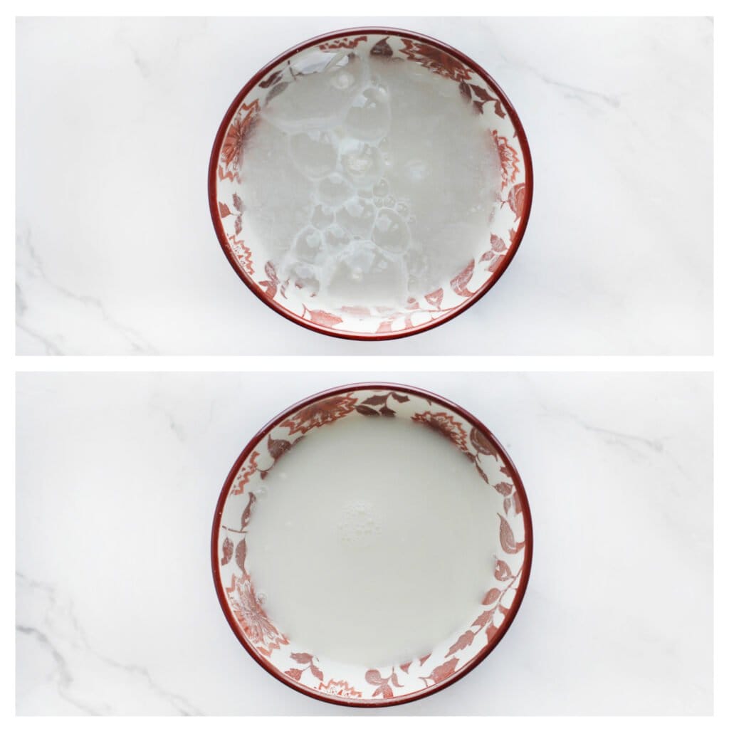 Doe het water samen met de maïzena in een diepe kom. Meng goed. Leg apart.