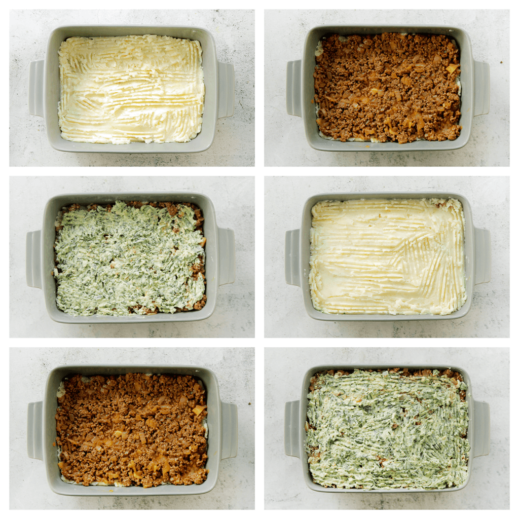 Neem een ovenschaal en verdeel de helft van het aardappelmengsel erover. Schep de helft van het gehaktmengsel erop met daarover de helft van het spinazie-ricottamengsel. Herhaal deze stap nogmaals.