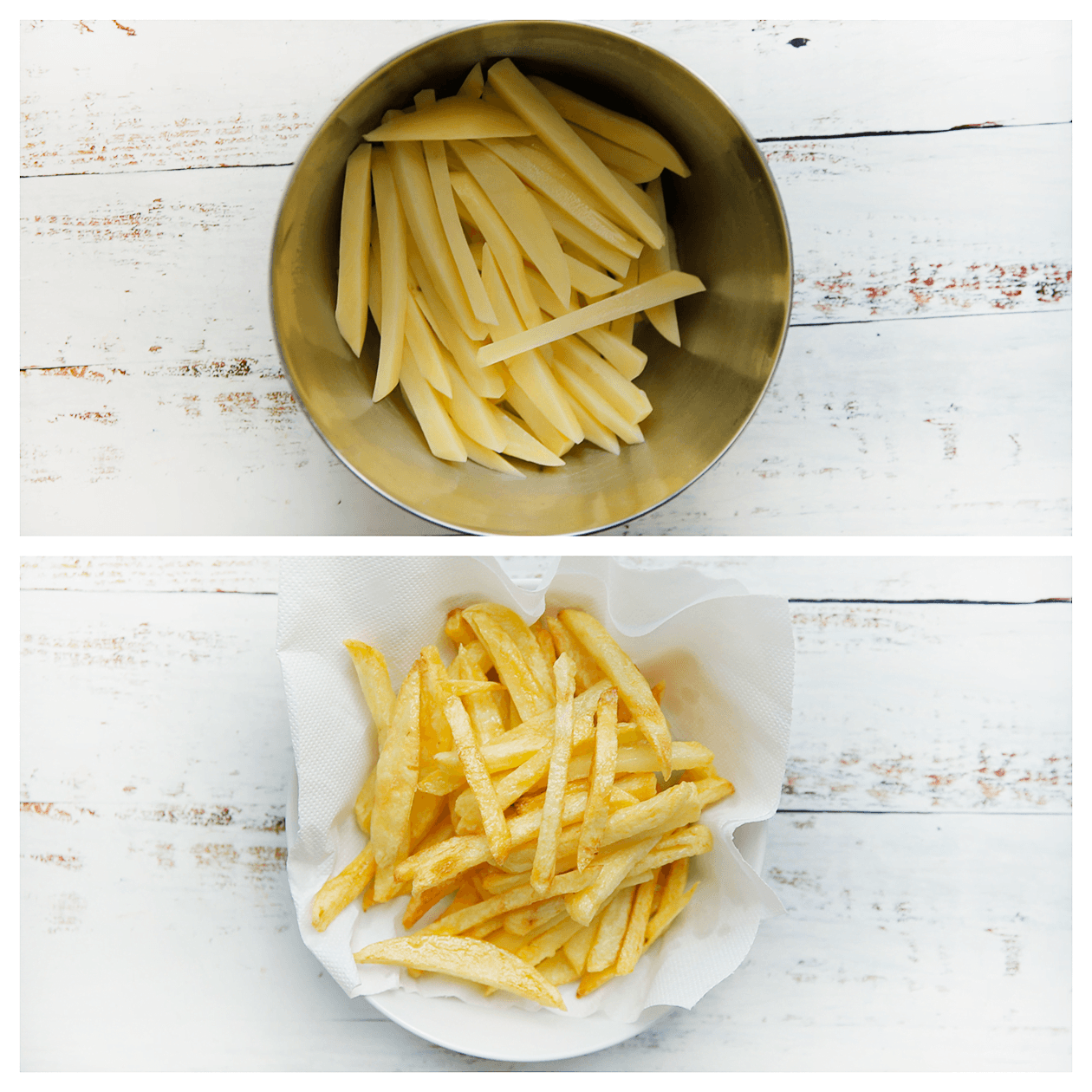 Aardappels snijden tot friet, goudbruin bakken en uit laten lekken op keukenpapier