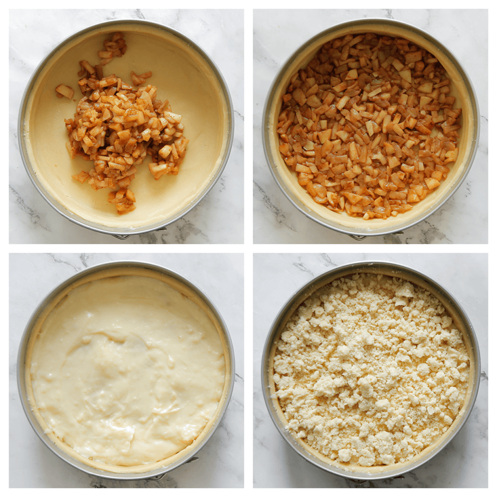 Verdeel het appelmengsel over het koekjesdeeg met daarover de gele room op. Strooi de koekkruimels erover.