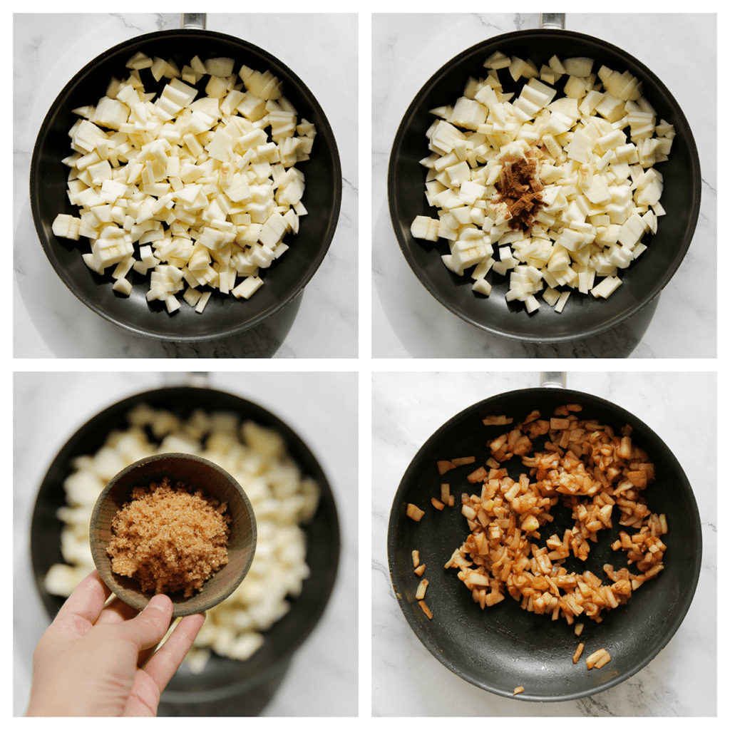 Verhit de koekenpan op middelhoog vuur. Voeg de appelstukjes, bruine basterdsuiker en kaneelpoeder toe. Bak 5-7 minuten.