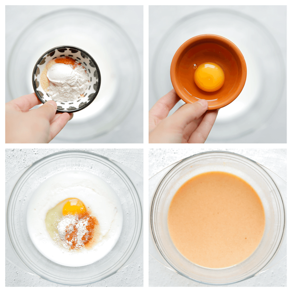 Doe de karnemelk samen met de eieren, bloem, kipkruiden, uienpoeder, knoflookpoeder, en het zout in een diepe kom. Meng goed.