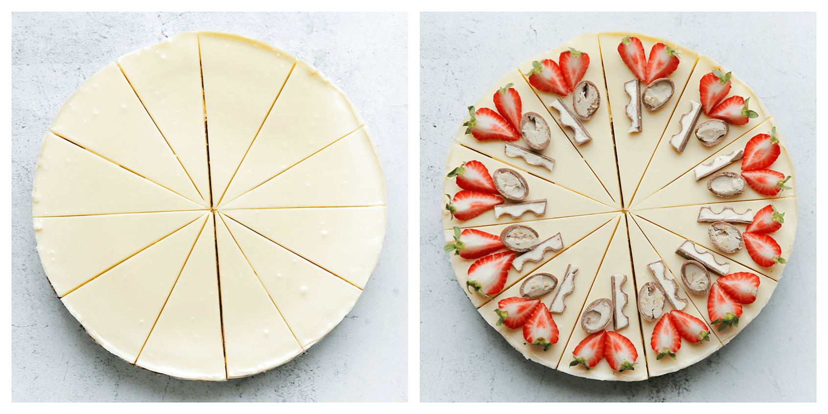 Brownie Kinder cheesecake decoreren met aardbei, chocolade en noten