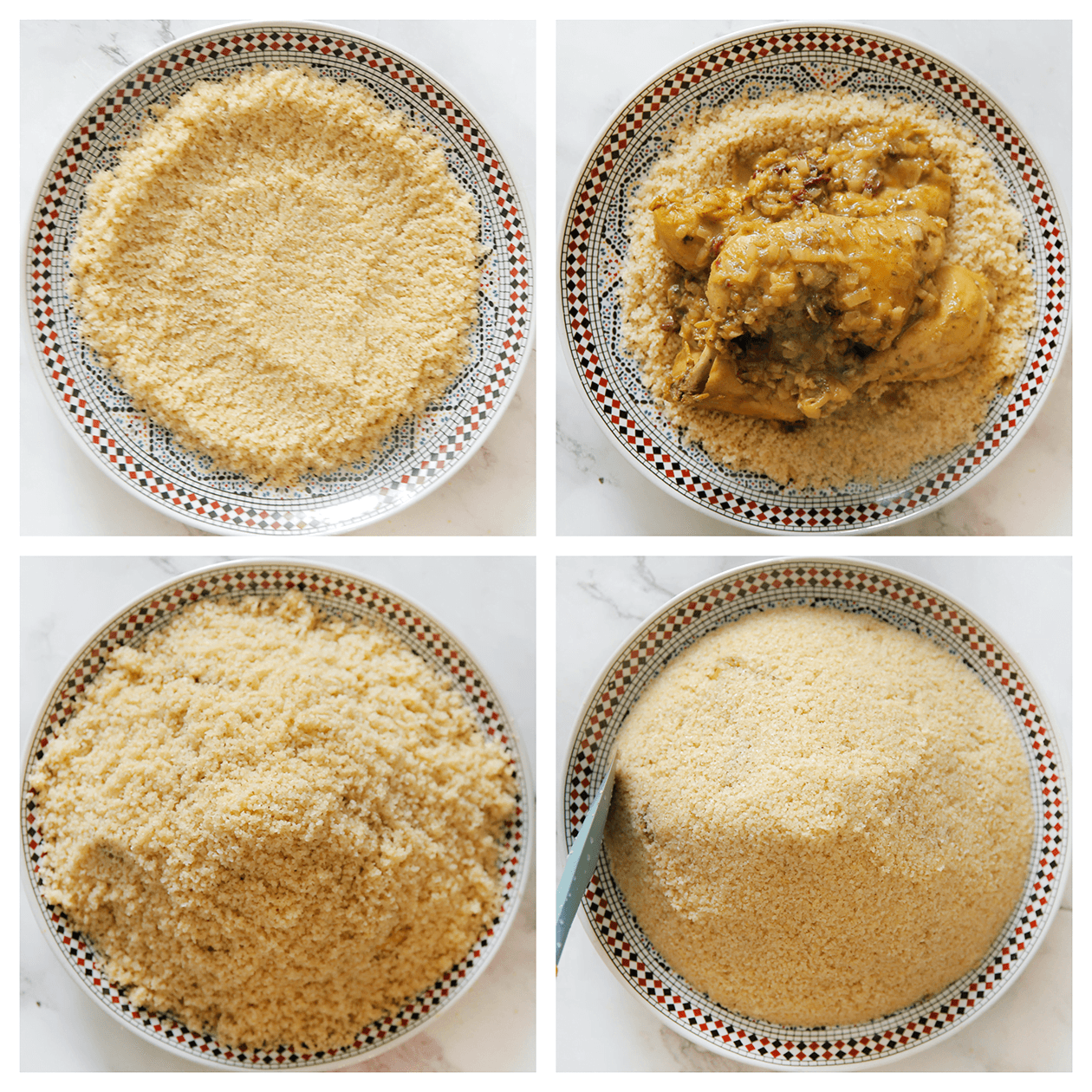 Bulgur verdelen over een bord samen met kip als vulling