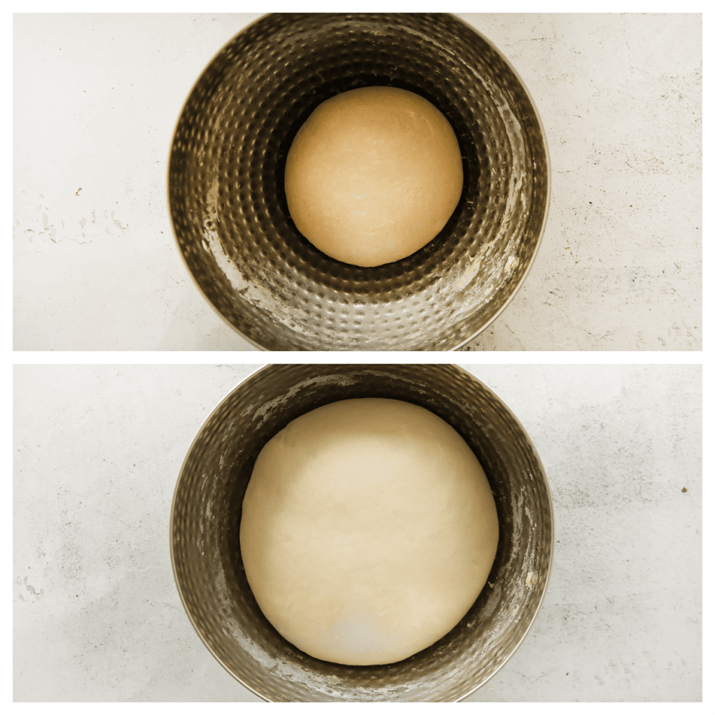 Dek het deeg af en laat op een warme plek in huis 1 uur rijzen of tot het deeg in omvang is verdubbeld.