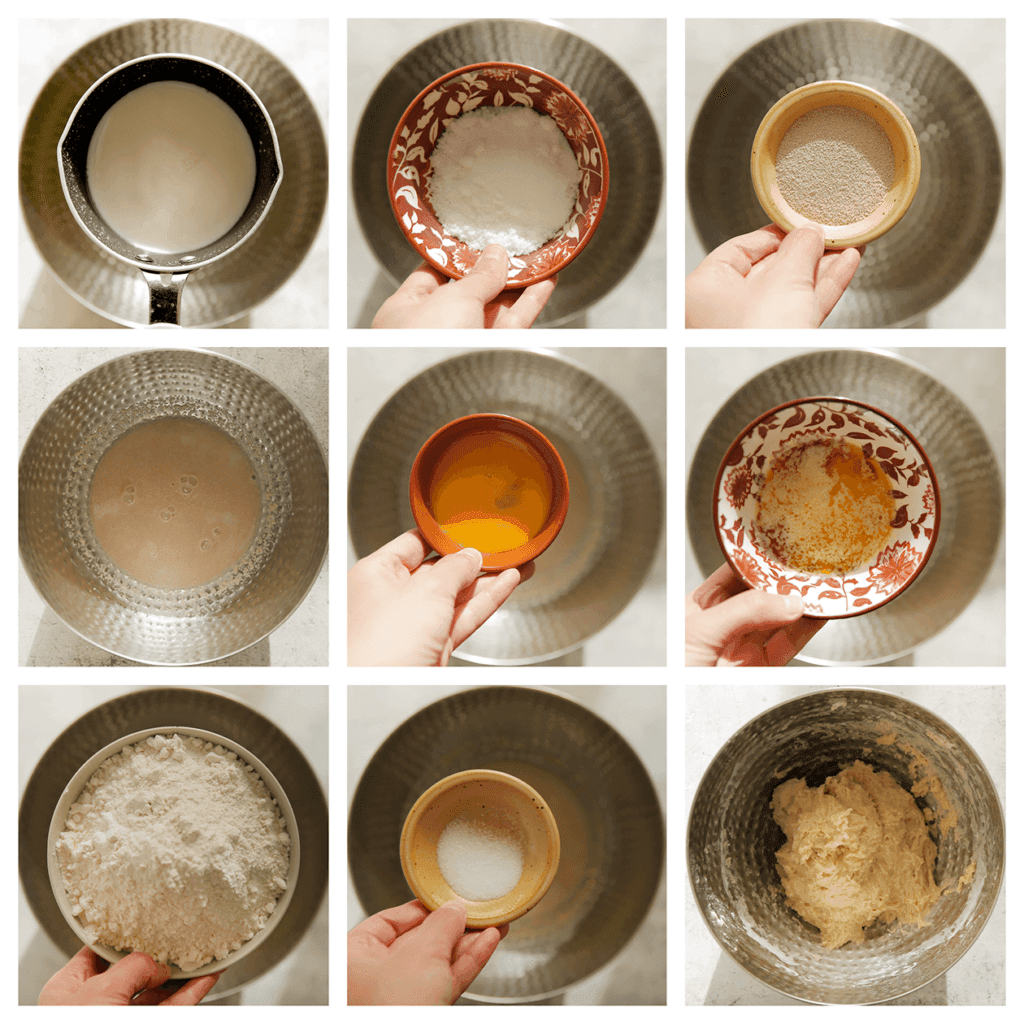 Doe de melk samen met het water in een steelpan. Warm lichtjes op tot het lauwwarm is. Doe het melk-watermengsel in een diepe kom. Voeg de witte basterdsuiker, vanillesuiker en gist toe. Meng goed. Voeg het ei, de roomboter, bloem en het zout toe. Kneed 5 minuten. Het deeg is plakkerig, daarom laat je het 10 minuten rusten.