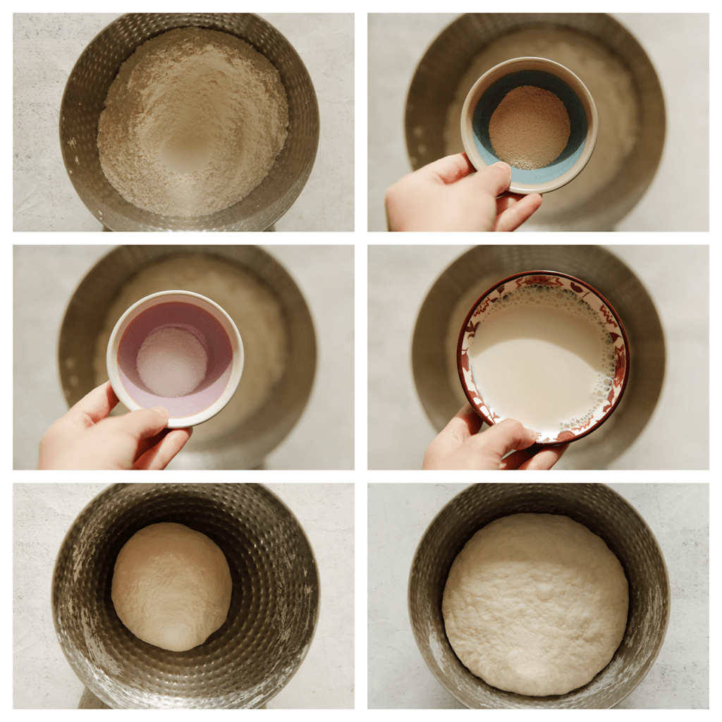 Doe de bloem, gist en het zout in een diepe kom. Meng goed. Voeg de warme melk en het water toe. Kneed 10-12 minuten tot een samenhangend deegje. Laat het deeg 1 uur rijzen op een warme plek in huis of tot het deeg in formaat is verdubbeld.