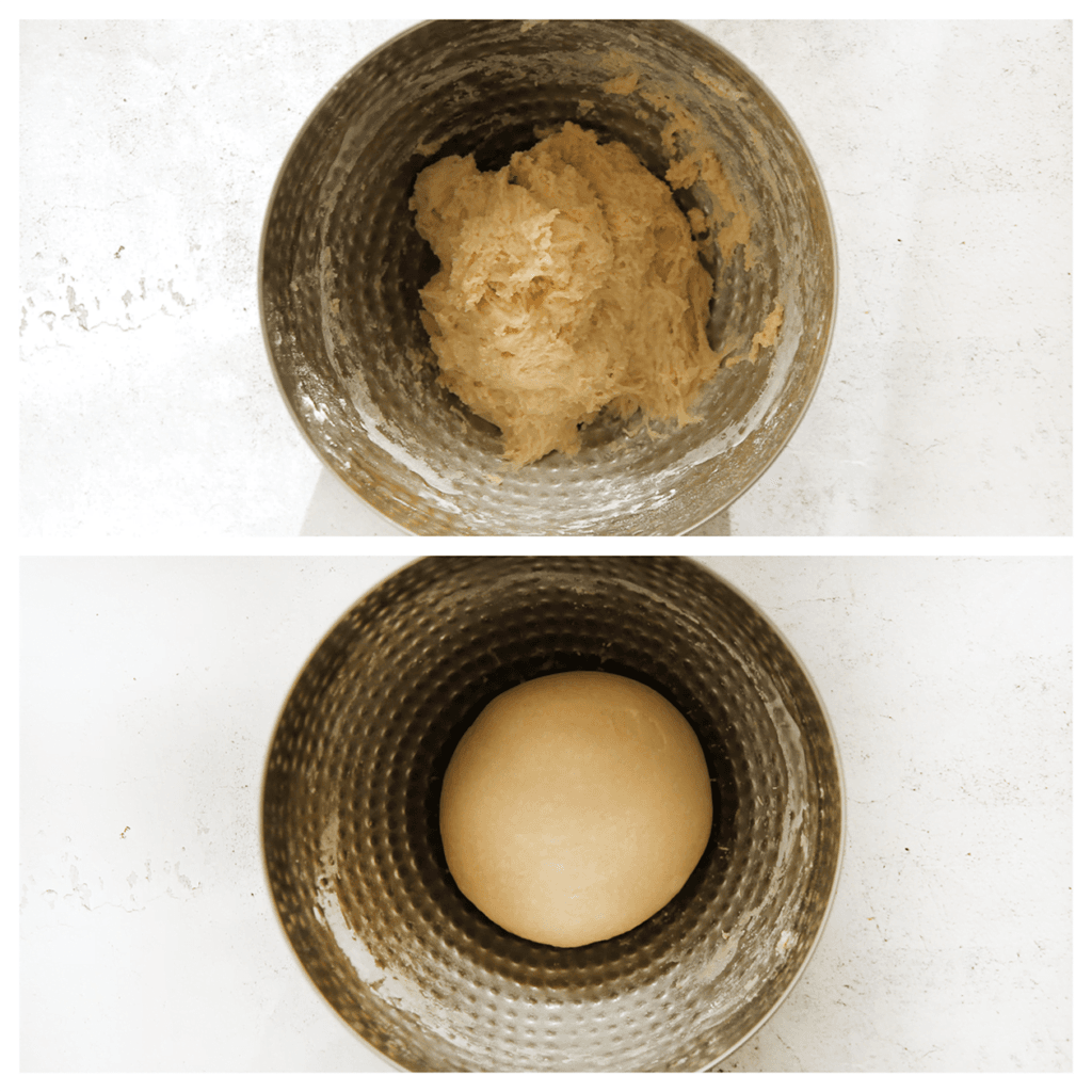 Na 10 minuten kneed je het deeg 10-12 minuten tot een mooi deegje.