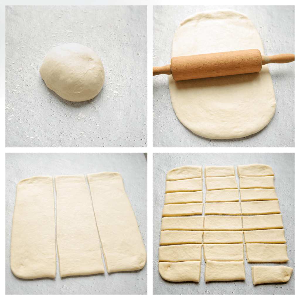 Strooi lichtjes wat bloem op je werkplek en rol het deeg uit tot een dikte van 1,5 cm. Snijd er rechthoeken uit met een pizzasnijder.