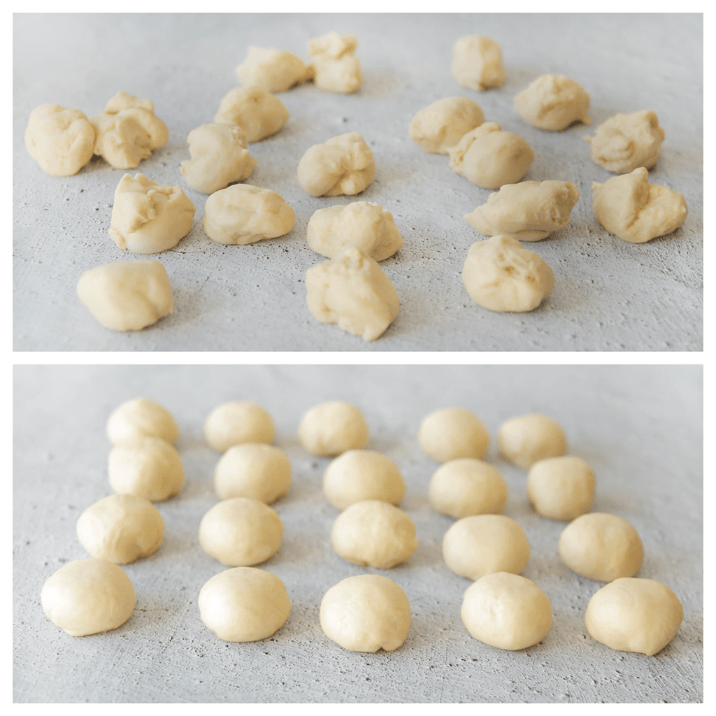 Verdeel het deeg in 20 bollen (35 gr per stuk). Rol de bollen mooi rond.