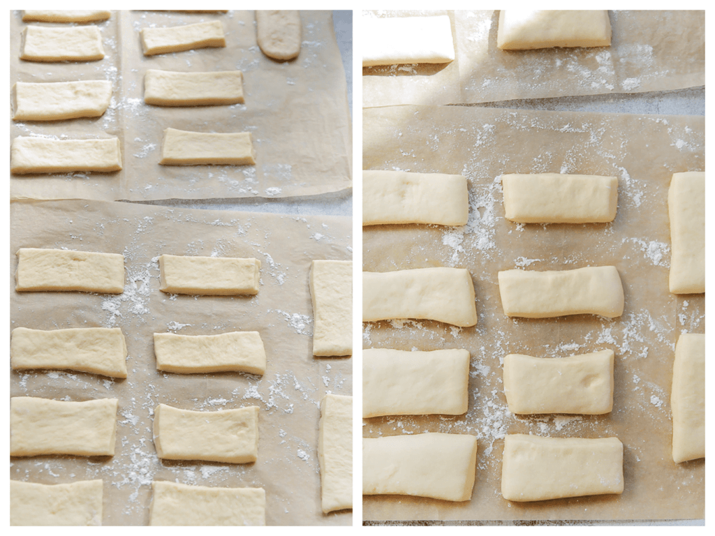 Strooi wat bloem over een vel bakpapier. Leg het deeg erop. Laat een half uur rijzen of tot ze in omvang zijn verdubbeld.