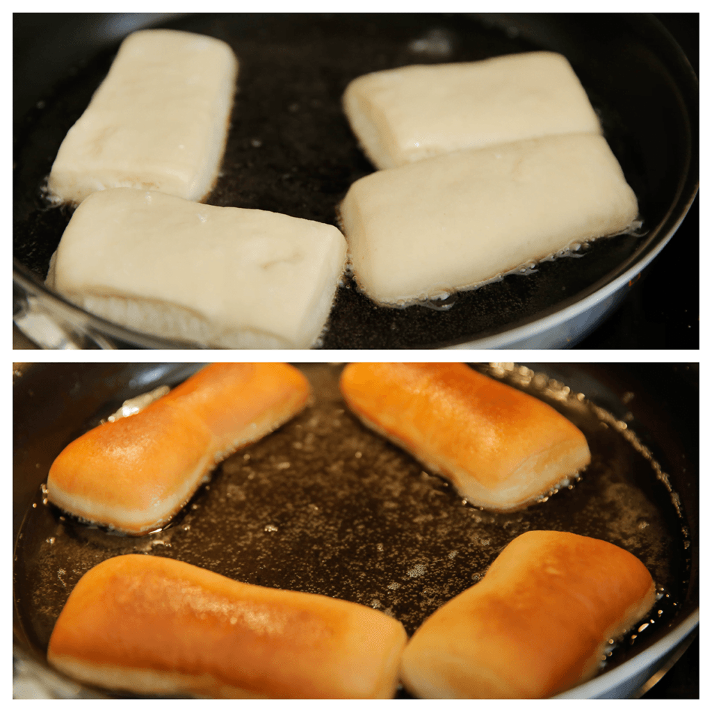 Verhit een laagje zonnebloemolie (2 cm) in een koekenpan op middelhoog vuur (175 °C). Bak de donuts aan beide kanten in ca. 2-3 minuten mooi goudbruin. Controleer de temperatuur eerst door er een klein stukje deeg in te gooien. Wanneer deze binnen 1 minuut bruin kleurt, is de zonnebloemolie goed op temperatuur.