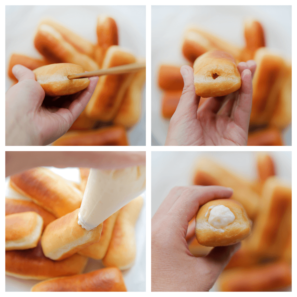 Laat de donuts uitlekken en op kamertemperatuur komen voordat je ze vult met de custard.