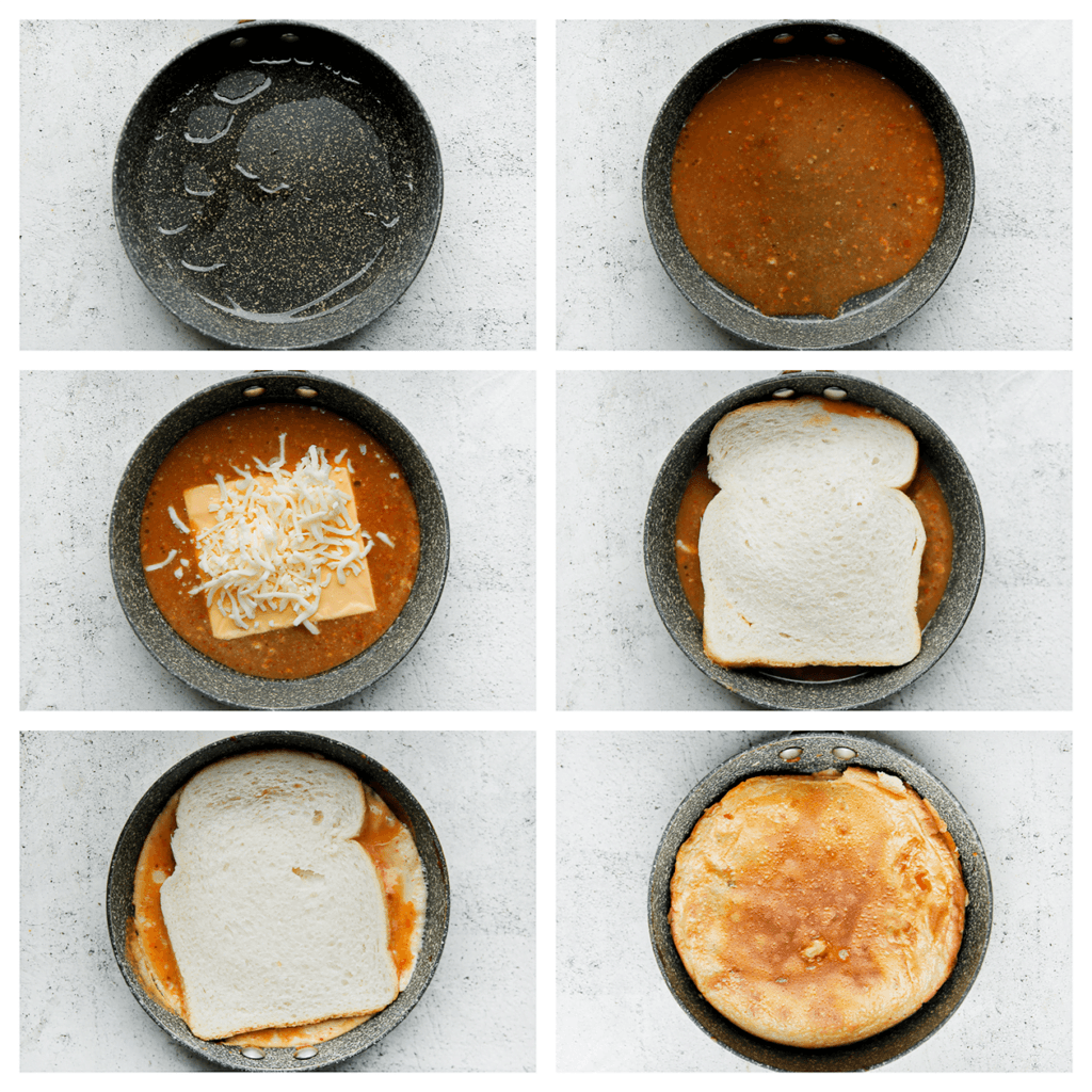 Verhit een beetje olie in een pan en voeg het eimengsel toe (50 gr). Leg er een plakje cheddar kaas op gevolgd door geraspte kaas. Leg er een sneetje brood op en bak tot de omelet bijna gaar is. Draai het broodje om en bak tot het goudbruin kleurt.