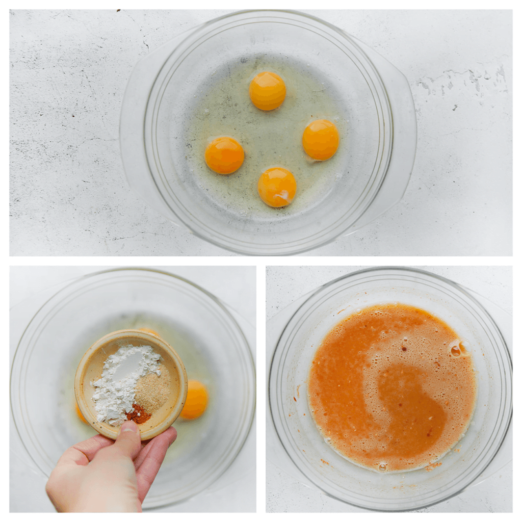 Breek de eieren boven een kom. Voeg de kipkruiden, knoflookpoeder, cayennepeper en uienpoeder toe. Meng tot een geheel.