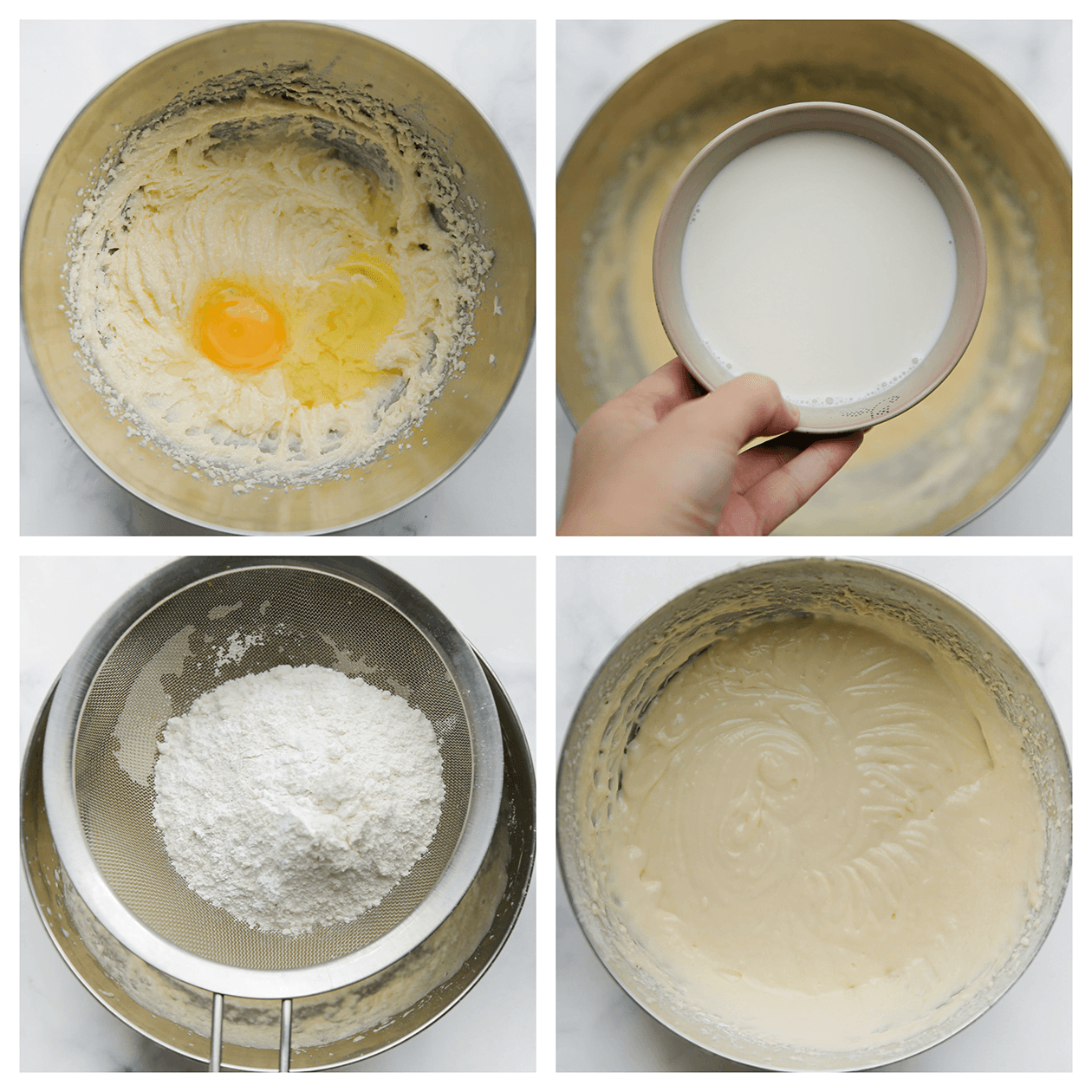 Eieren, melk, bloem en bakpoeder mixen aan het cakebeslag voor de kaneelcake