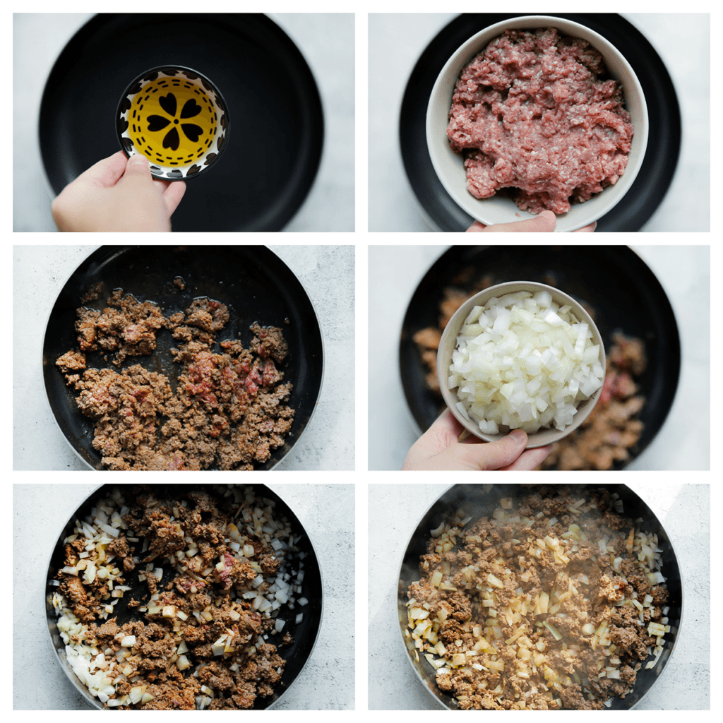 Verhit de olijfolie in een koekenpan op middelhoog vuur. Voeg het gehakt, zout, knoflookpoeder, cayennepeper, kaneelpoeder, paprikapoeder en zwarte peper toe. Bak 2 minuten. Voeg de gele ui toe en bak 3 minuten. 