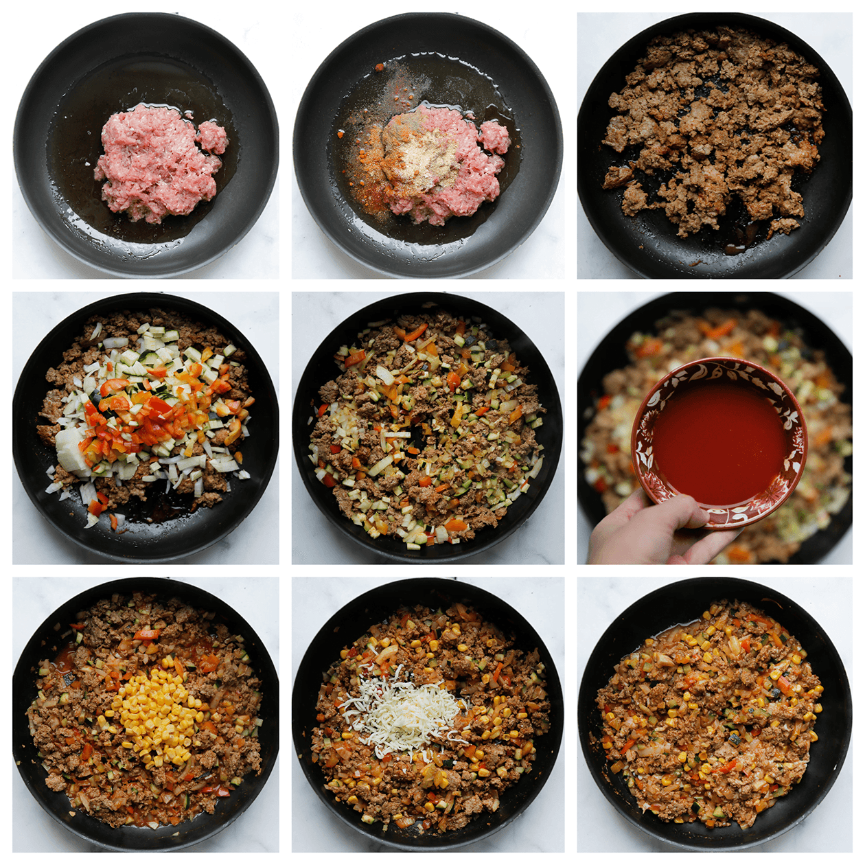 Gehaktmengsel bakken met groenten en koken in een tomatensaus