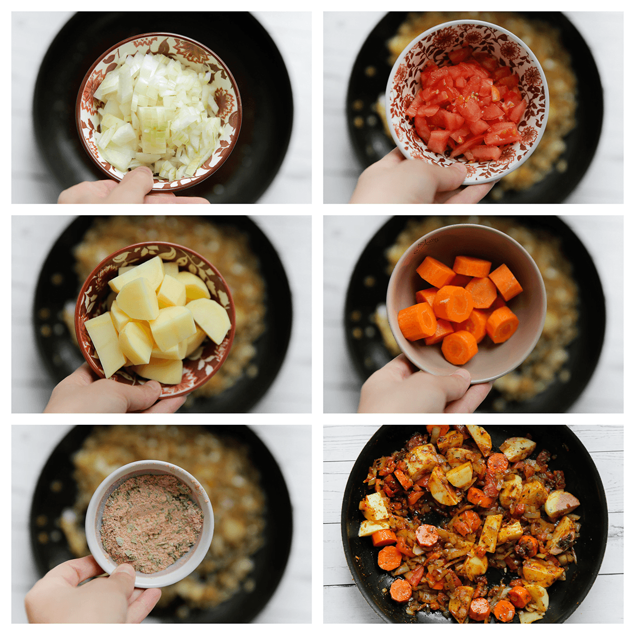 Gele ui, tomaat, aardappel, wrotel bakken met een kruidenmix in een koekenpan