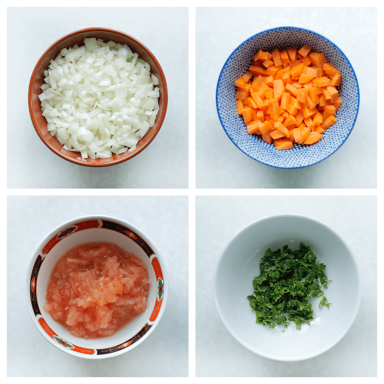 Gele ui, wortel, tomaat en peterselie snijden