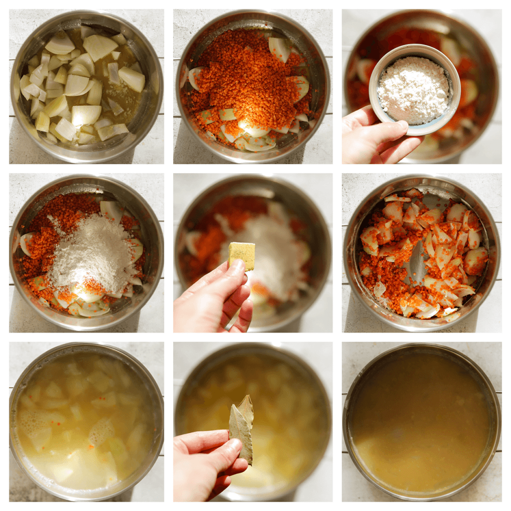 Verhit de olijfolie met roomboter in een pan op middelhoog vuur. Voeg de gele ui, rode linzen en bloem toe. Meng goed. Voeg het kippenbouillonblokje, water en laurierblaadjes toe. Kook, afgedekt, 20 minuten. Verwijder de laurierblaadjes.