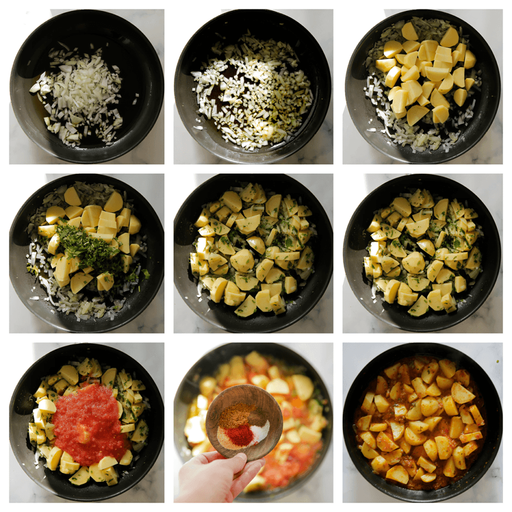 Verhit de olijfolie in een koekenpan op middelhoog vuur. Voeg de gele ui toe en bak een paar minuten. Voeg de aardappel en peterselie toe. Kook dit samen voor een minuut. Voeg de knoflookpoeder, cayennepeper, ras el hanout, komijnpoeder, het zout en tomaatmengsel toe. Kook, afgedekt, op hoog vuur. Als het goed kookt, zet je het vuur laag. Kook, afgedekt, 20-25 minuten of tot de aardappels zacht zijn.