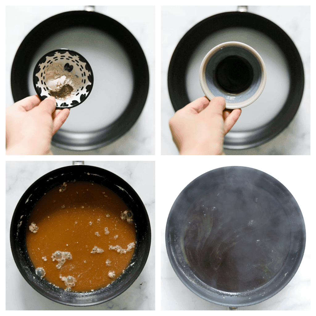 Verhit het maïzenamengsel in een koekenpan op middelhoog vuur. Voeg de zwarte peper, uienpoeder, ketjap manis en sojasaus toe. Kook tot de jus donker kleurt.