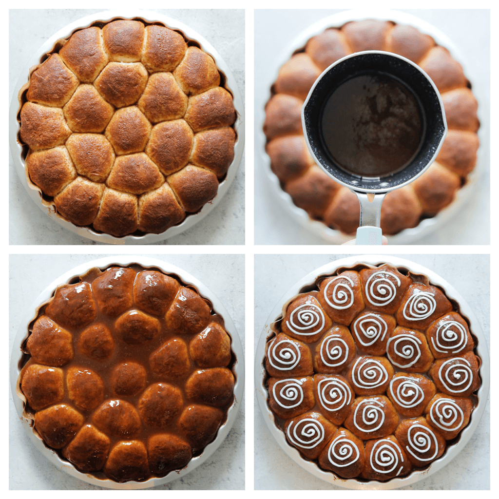 Garneer de kaneelbollen met het kaneelmengsel (100 gram) en spuit er een roomkaas-swirl op.