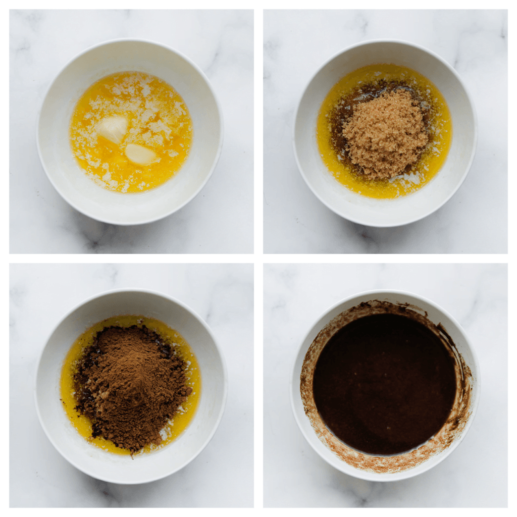 Smelt de roomboter in een steelpan op laag vuur. Voeg de bruine basterdsuiker en kaneelpoeder toe. Meng goed. Doe 70 gram van het kaneelmengsel in een spuitzak en leg apart.