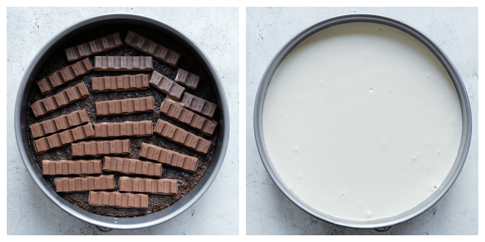 Kinder chocolade verdelen over de brownie met daarover het cheesecakebeslag