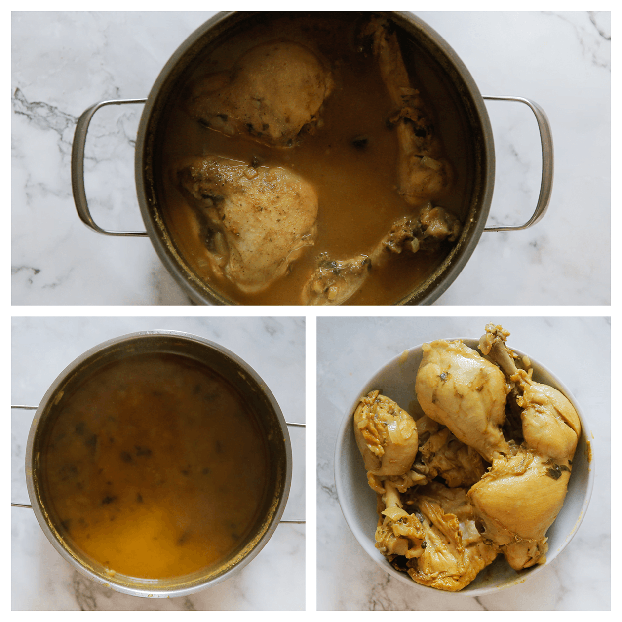 Kip voorzichtig uit de pan halen en op een bord leggen