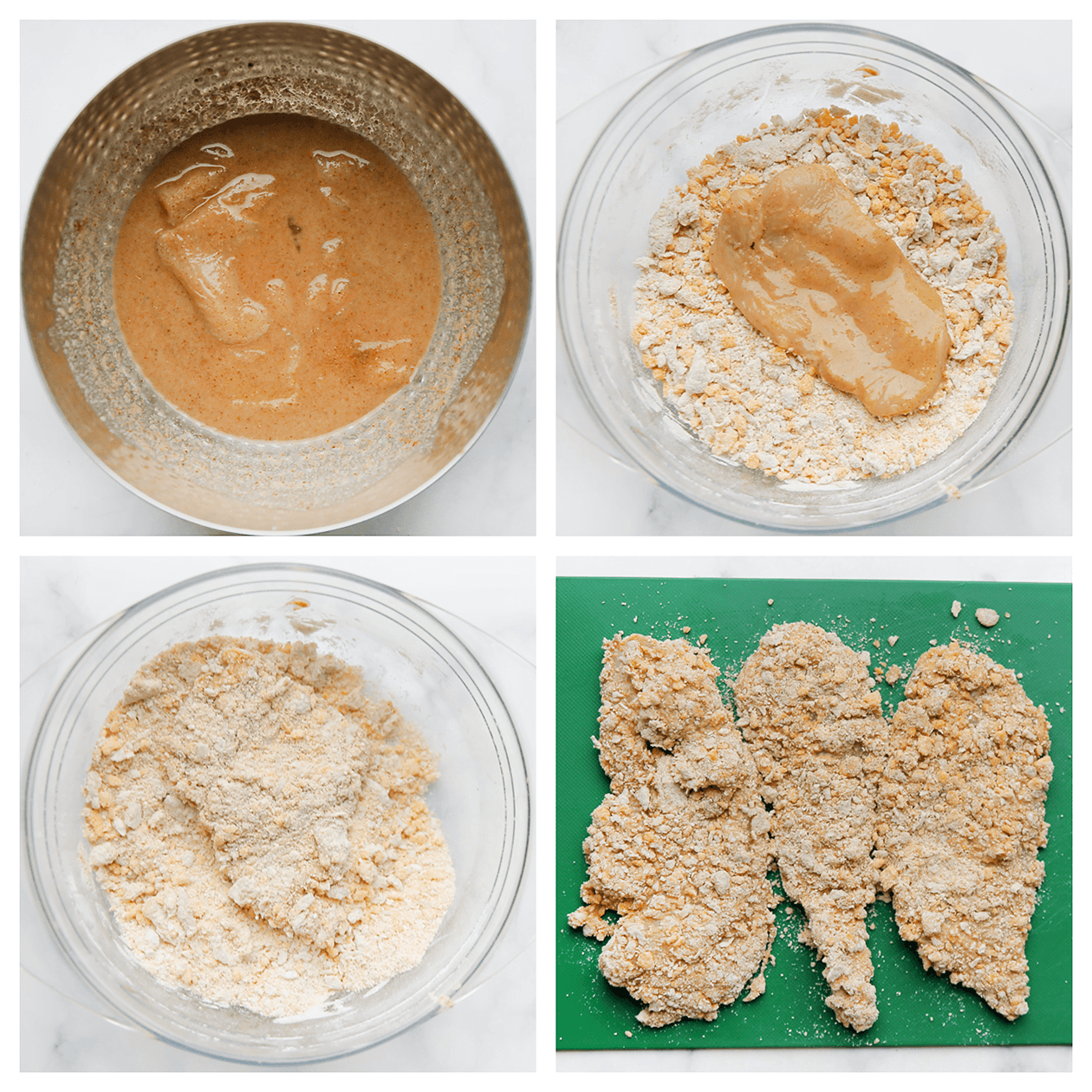 Kipfilet door het buglesmengsel halen