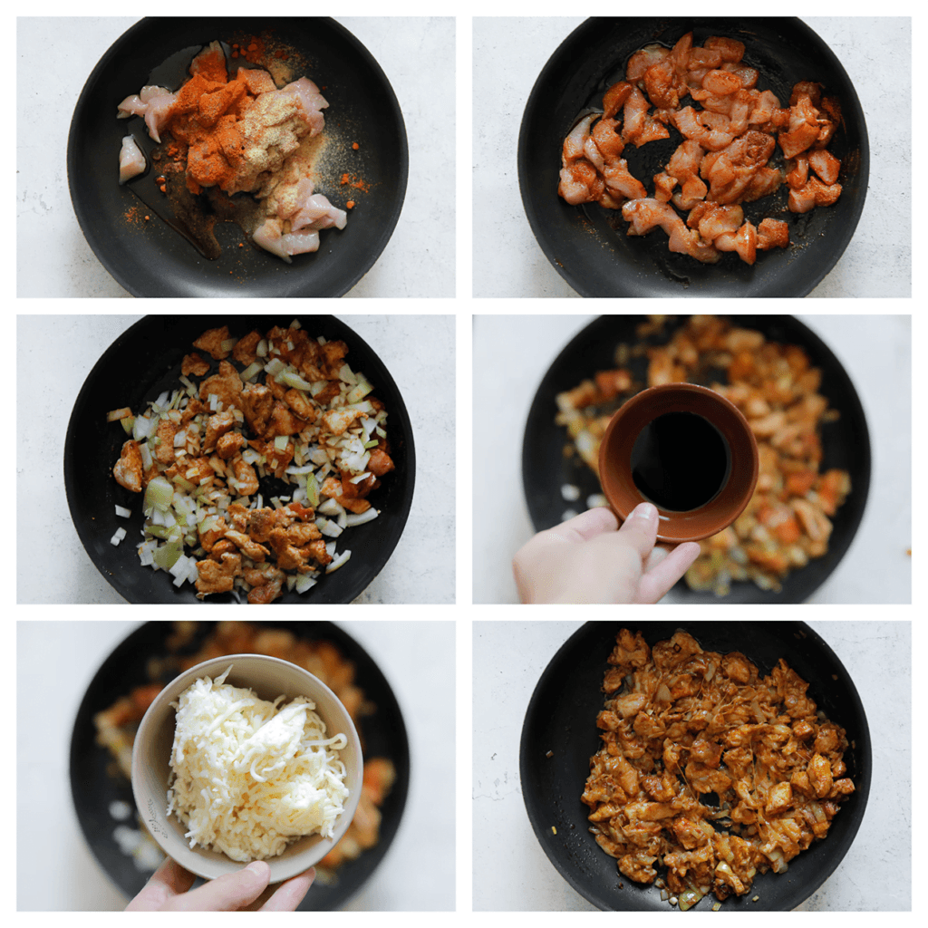 Verhit de zonnebloemolie in een koekenpan op middelhoog vuur. Voeg de kip, kipkruiden, knoflookpoeder, cayennepeper en zwarte peper toe. Bak 4 minuten. Voeg de gele ui en ketjap manis toe. Bak 3 minuten. Zet het vuur uit en voeg de geraspte mozzarella toe. Meng goed.