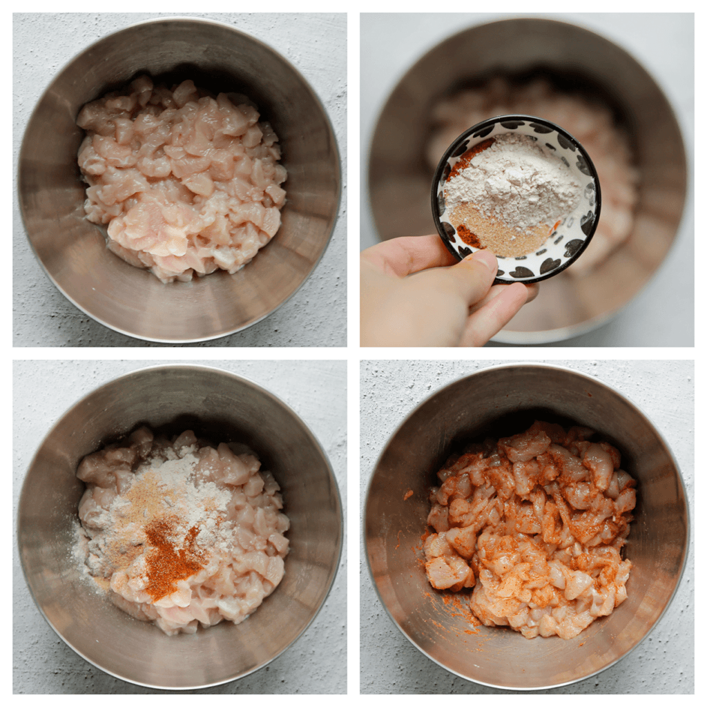 Was en snijd de kip in stukken. Doe de kip in een diepe kom. Voeg de kipkruiden, cayennepeper, knoflookpoeder, kurkuma, currypoeder, komijnpoeder en het zout toe. Meng goed.