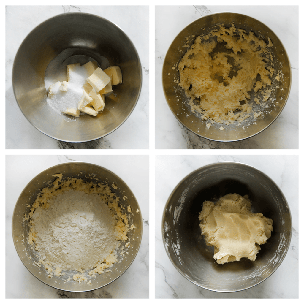 Doe de zachte roomboter in een diepe kom. Voeg de suiker en het zout toe. Mix tot een geheel. Voeg het eiwit toe en mix goed. Voeg de bloem toe en kneed tot een mooi deegje.