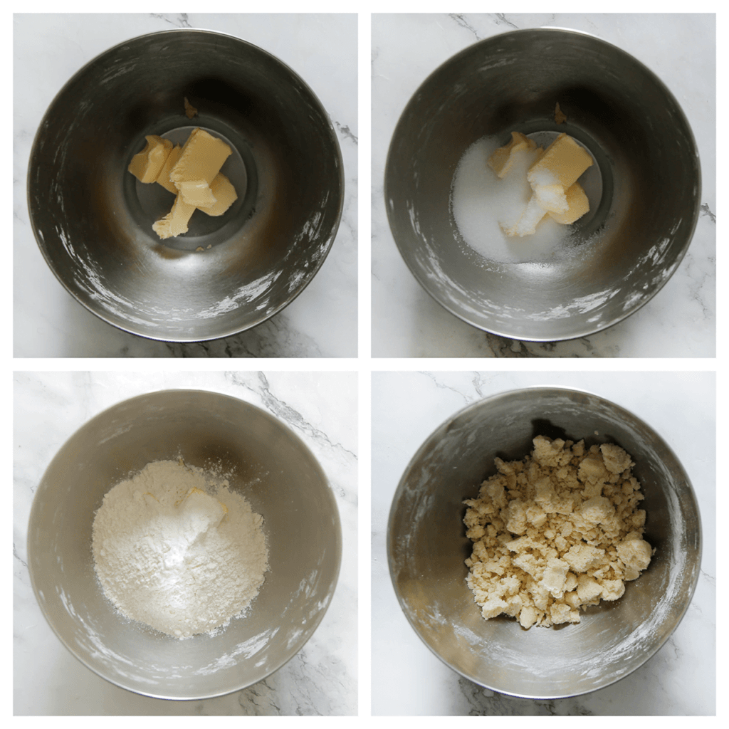 Doe de koude roomboter samen met de suiker en bloem in een diepe kom. Kneed met je handen tot een kruimelig deeg.