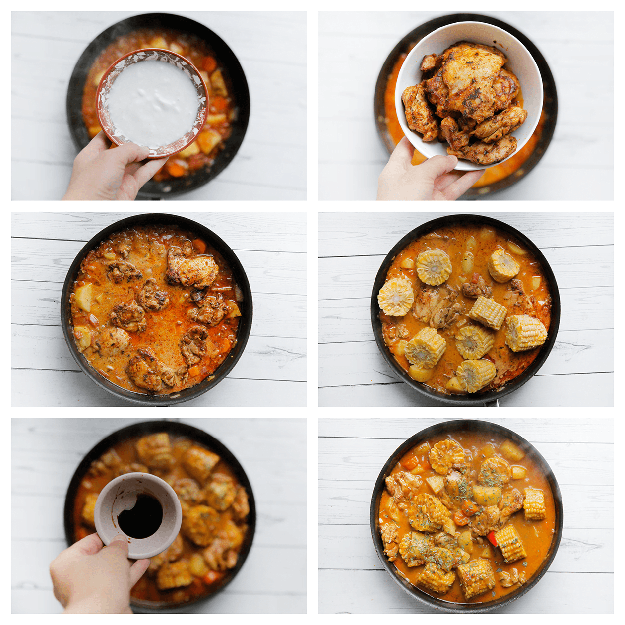 Kokosmelk, kippendijen, maiskolven en koken