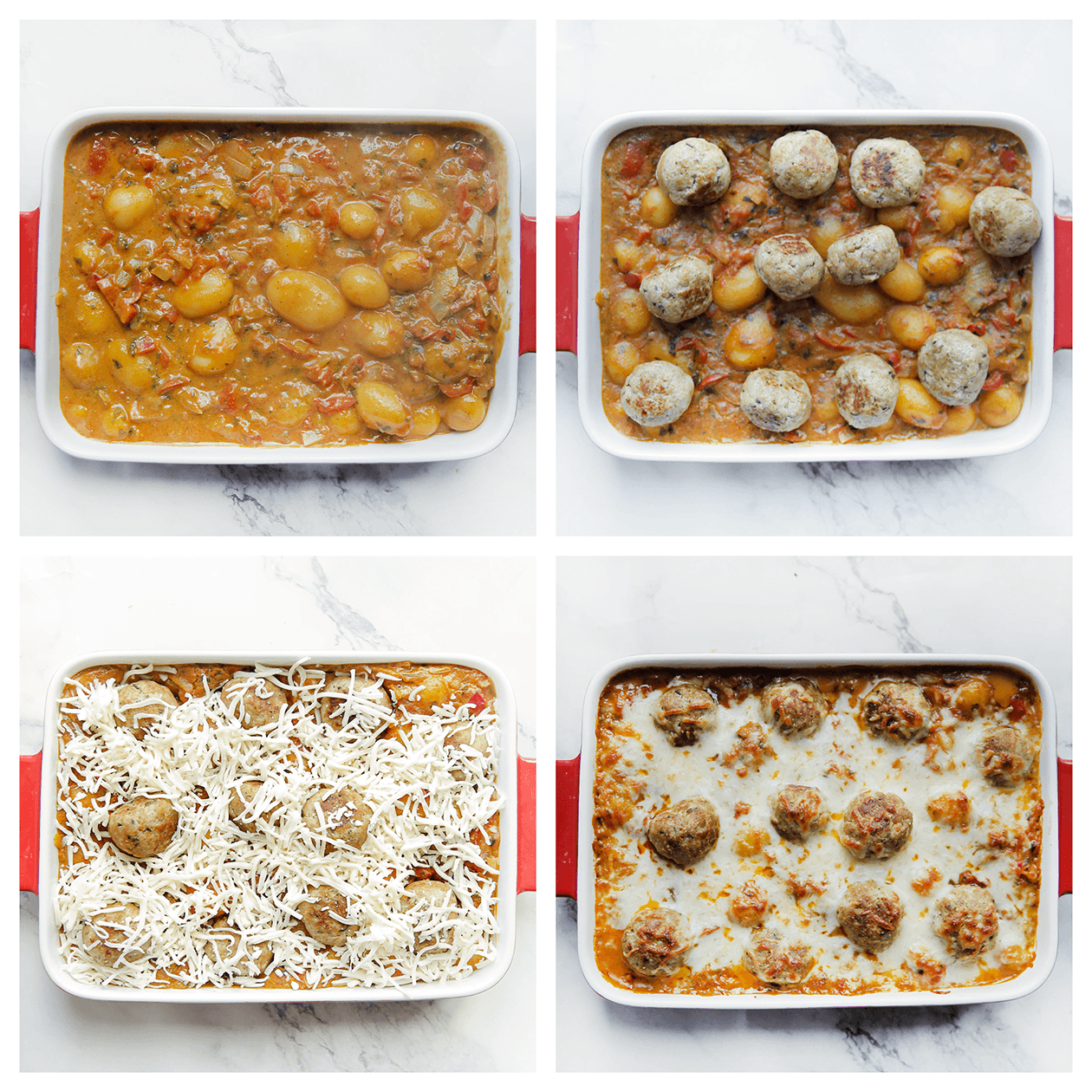 Krieltjesmengsel, gehaktballen en geraspte kaas verdelen over een ovenschaal en bakken in de oven