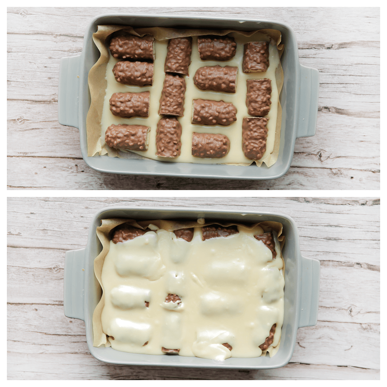 Lion en fudge verdelen over bakvorm of ovenschaal