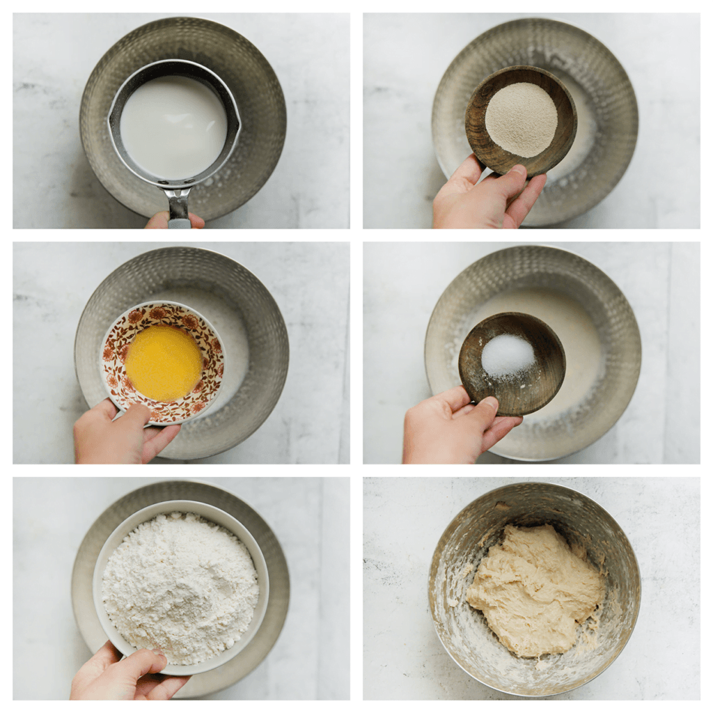 Voeg de lauwwarme melk, gist en boter toe. Mix goed. Voeg het zout en de bloem toe. Kneed 2 minuten. Laat het deeg 10 minuten staan.