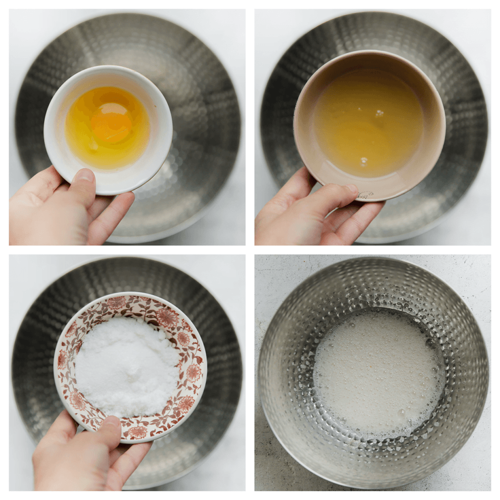 Doe het ei, de eiwitten, witte basterdsuiker, vanillesuiker in een diepe kom. Mix in ca. 2 minuten luchtig.