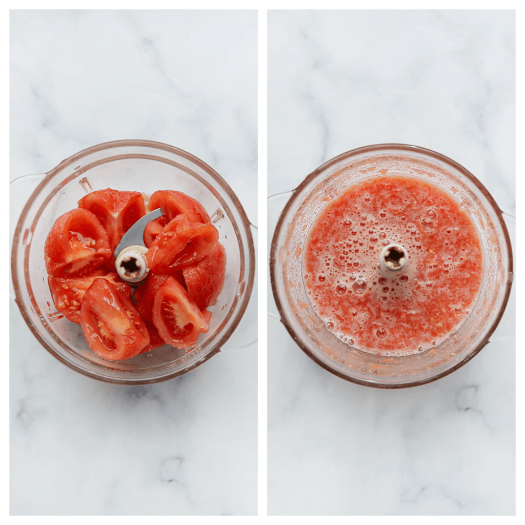 Ontvel de tomaten en doe deze in een hakmolen. Maal fijn.