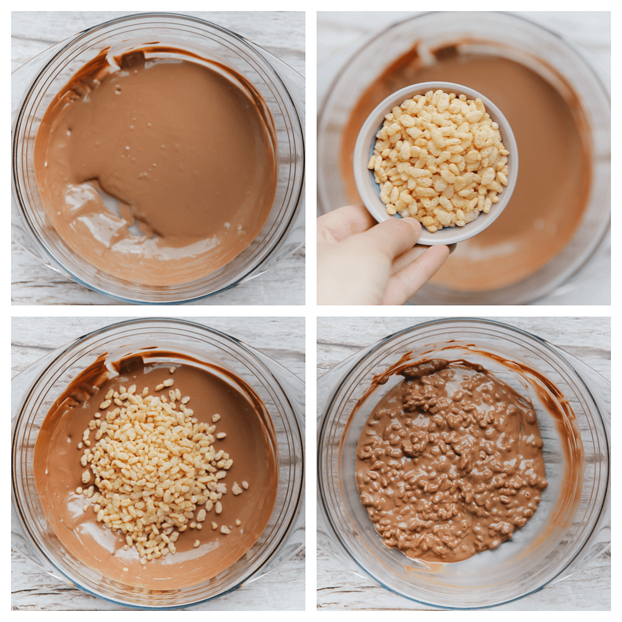 Rice krispies toevoegen aan de gesmolten chocolade