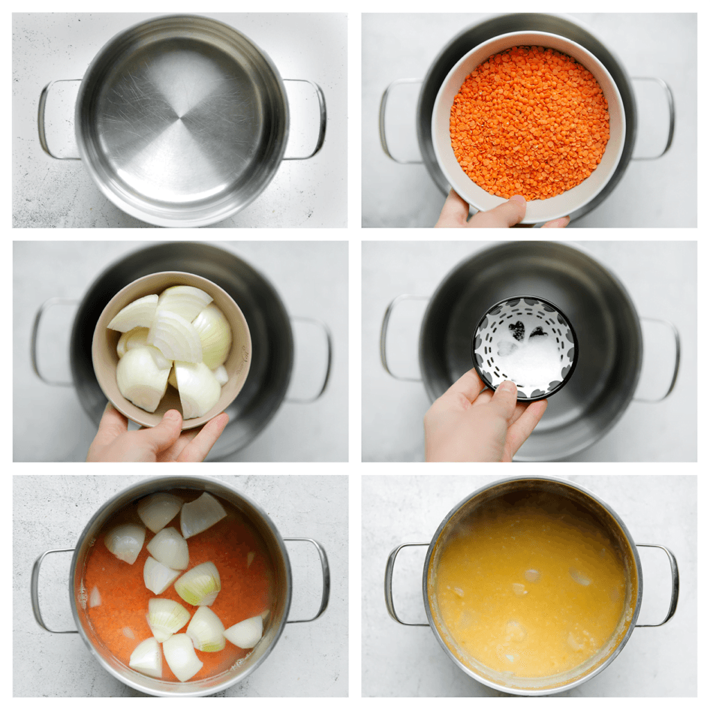 Breng het water aan de kook in een pan. Voeg de rode linzen toe, gele ui en het zout toe. Kook 25-30 minuten.