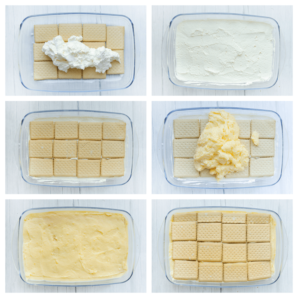 Schep de slagroom erop en verdeel gelijkmatig. Haal de theekoekjes een voor een door de melk en leg deze over de slagroom-laag. Schep de gele room erover en verdeel gelijkmatig. Haal de theekoekjes weer één voor één door de melk en bedek deze over de gele room.