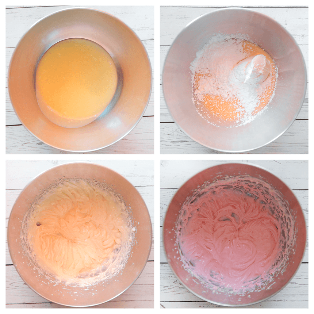 Doe de monchou (op kamertemperatuur) samen met de poedersuiker in een diepe kom. Mix tot een gladde massa. Voeg de (afgekoelde) witte chocolade beetje bij beetje toe. Mix goed. Voeg de roze kleurstof toe (een klein beetje is meer dan genoeg). Mix goed.